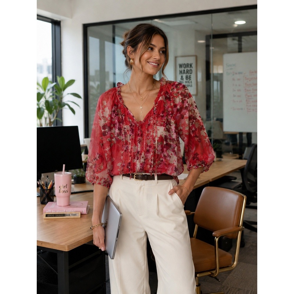 Express Red Floral Chiffon Ruffle Blouse 3/4 Sleeve Small Office Wear Ruffle